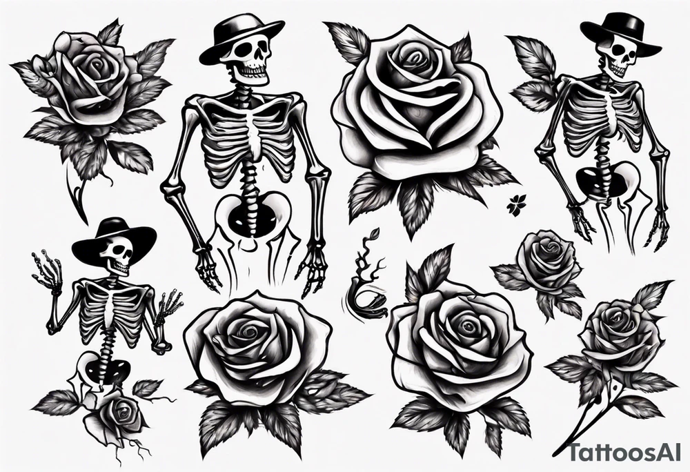 Dancing skeleton on a rose tattoo idea