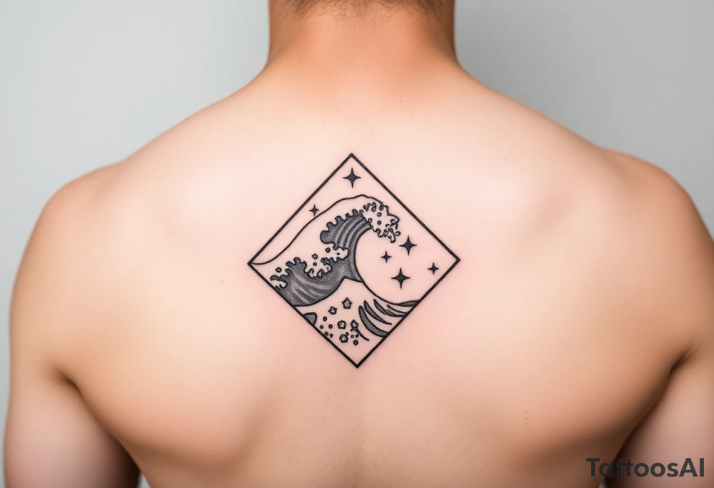 A powerful wave with stars inside of a diamond tattoo idea
