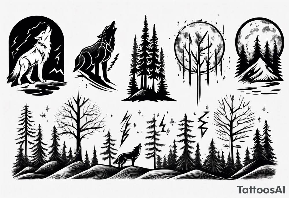 lightning over forest with wolf howling tattoo idea