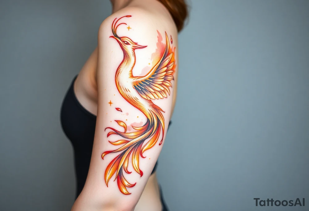 magnificent phoenix rising from golden flames with trailing embers tattoo idea
