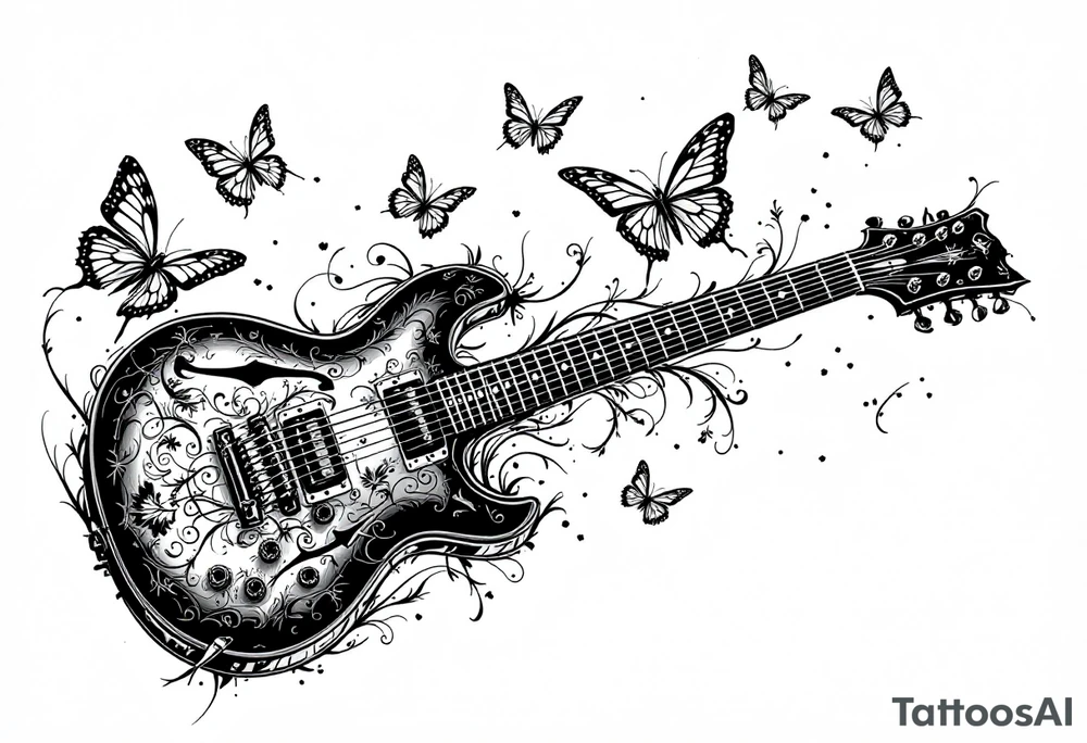 An electric guitar plugged into an amp with 5 butterflies flying around tattoo idea