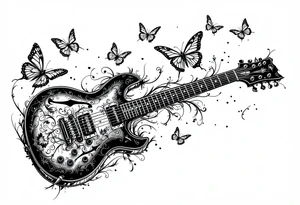 An electric guitar plugged into an amp with 5 butterflies flying around tattoo idea