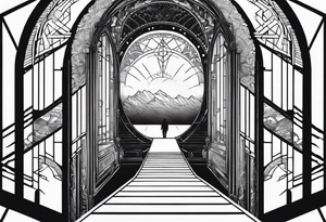 stairway to heavens gate with person walking up it, nortic compass tattoo idea