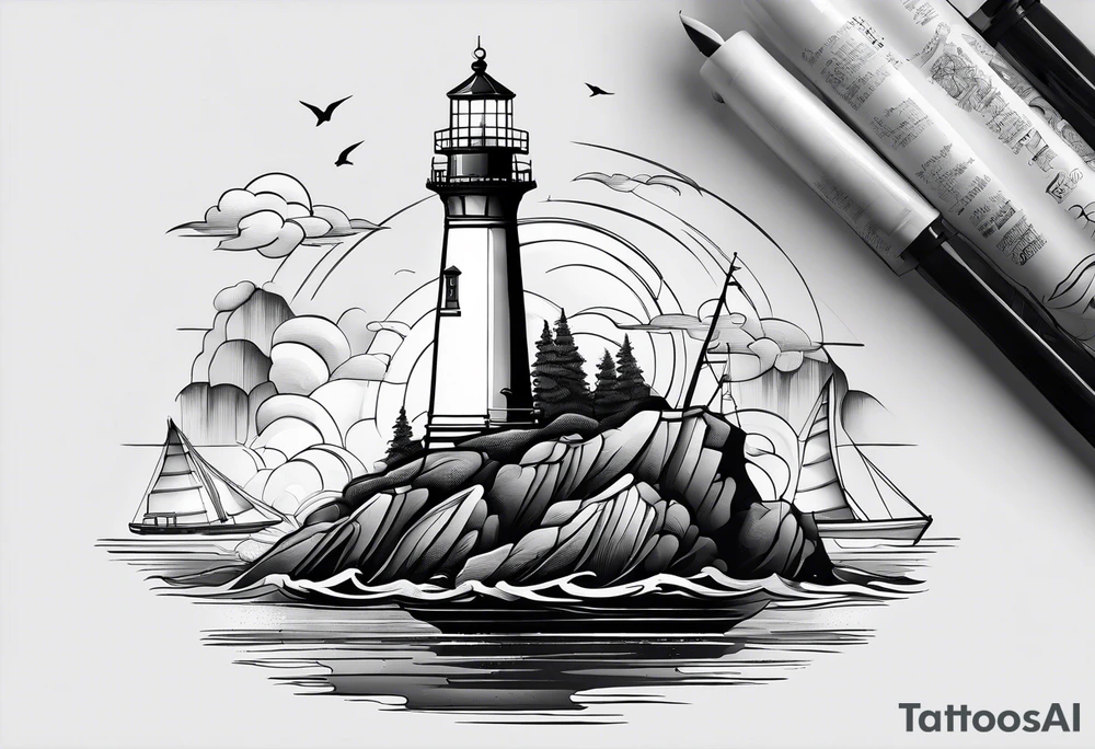 maritime lighthouse partially hidden by its  large fixed sails. tattoo idea