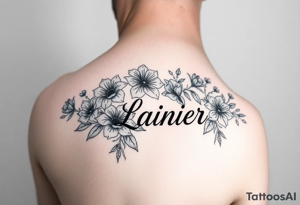 Birth flowers for the month of January February March May, June, July, August, November, and the name Lanier in cursive between the flowers on sleeve tattoo idea