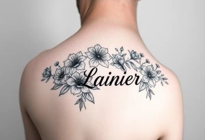 Birth flowers for the month of January February March May, June, July, August, November, and the name Lanier in cursive between the flowers on sleeve tattoo idea