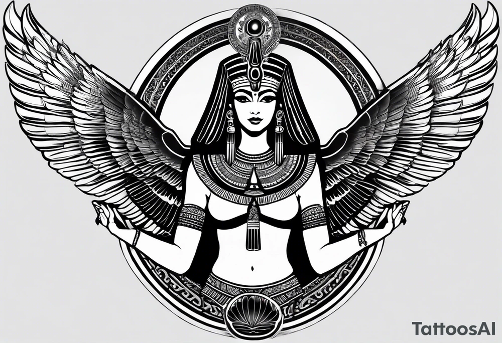 black and white Egyptian goddess Isis, who is often depicted as a woman with outstretched wings, holding an ankh (a symbol of life) in one hand and a lotus flower in the other. Her headdress often includes a throne or a solar disk. The tattoo design can vary in style and size, but it typically aims to capture the essence of this revered Egyptian deity, emphasizing her beauty, power, and maternal qualities. The choice of colors and additional elements can also be customized to create a unique and visually striking representation of the goddess Isis tattoo idea