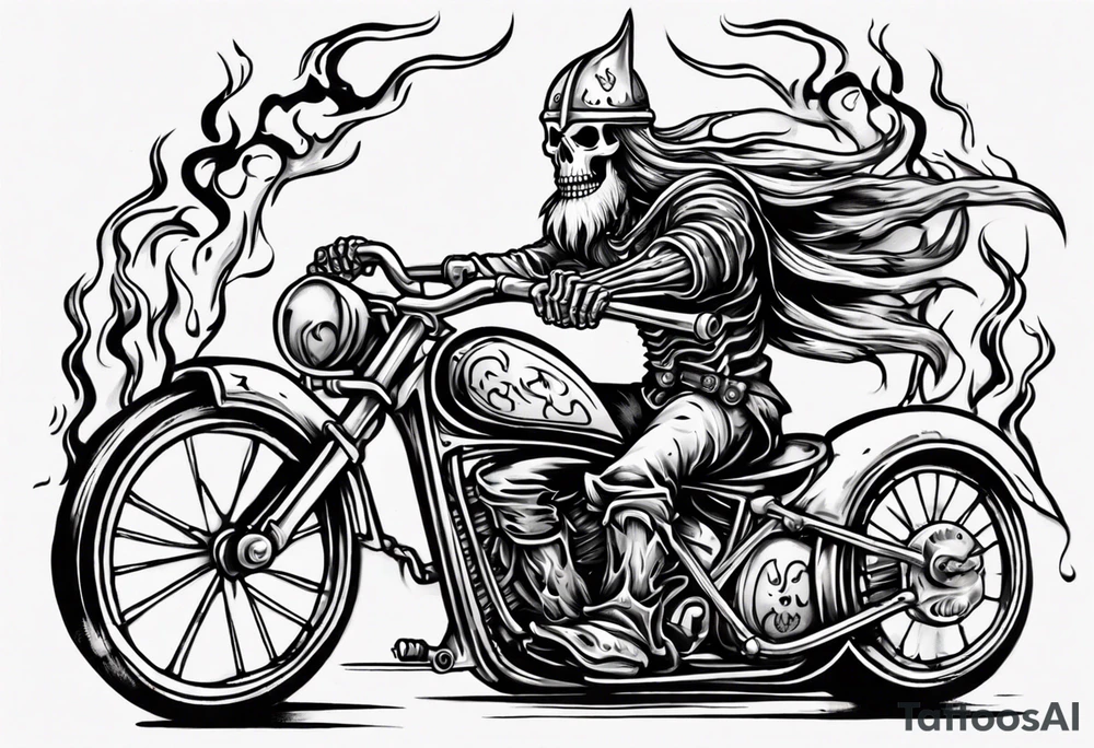 Skeleton riding a bike with flames and a viking head in the background tattoo idea