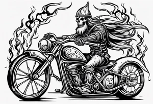 Skeleton riding a bike with flames and a viking head in the background tattoo idea