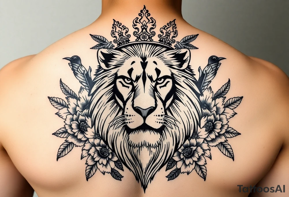 powerful majestic lion with a crown, surrounded by floral ornaments and birds tattoo idea