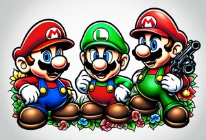 Mario and Luigi big muscles with toadstool and cannons and bombs stars machine guns tattoo idea
