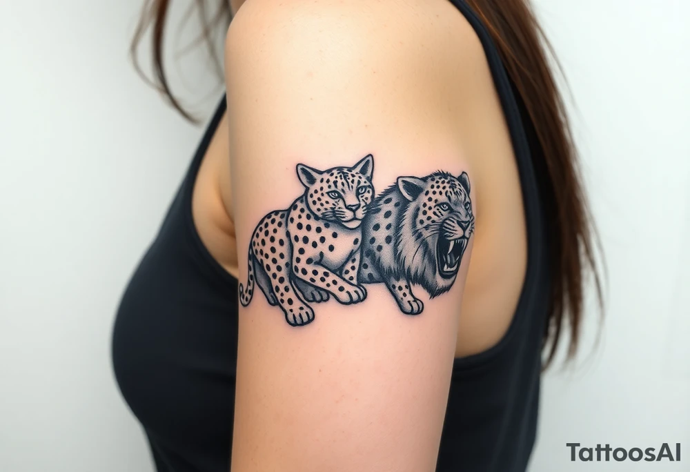 old school style montage of these 5 big cats:
a leopard , a cheetah , a jaguar, a black panther and a lion - as a wrap around bracelet style - about 3 inches each cat - on my upper right arm right above the elbow tattoo idea