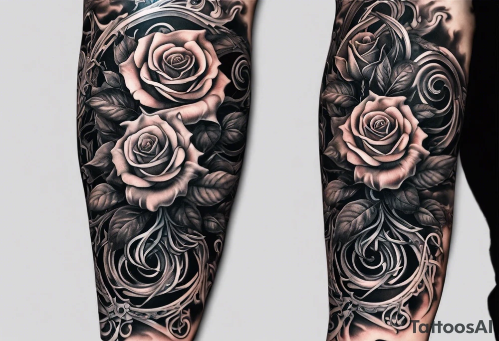 biomechanical arm sleeve with vines and a couple of roses tattoo idea