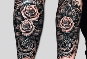 biomechanical arm sleeve with vines and a couple of roses tattoo idea