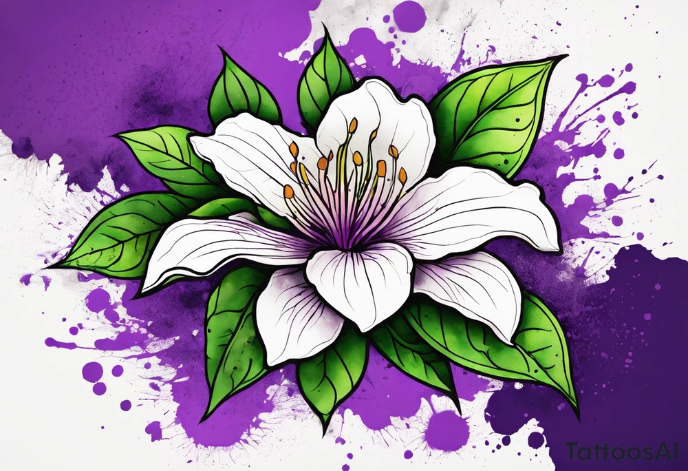 An outline of a rio dipladenia flower with a green and purple watercolor blotch splatter in the background tattoo idea