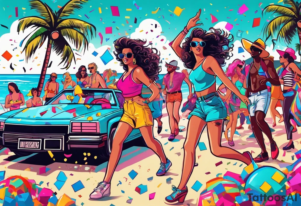 1980's style dance party with boom box and confetti in a beach theme. include people in 80's miami beach clothes, music note. Do not include cars tattoo idea