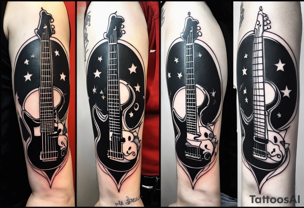 A well balanced tattoo full left arm with the following images:
a bass guitar, 
2 stars, 
1 quarter moon, 
a caduceus symbol and 
a mickey mouse shadow tattoo idea