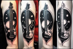 A well balanced tattoo full left arm with the following images:
a bass guitar, 
2 stars, 
1 quarter moon, 
a caduceus symbol and 
a mickey mouse shadow tattoo idea