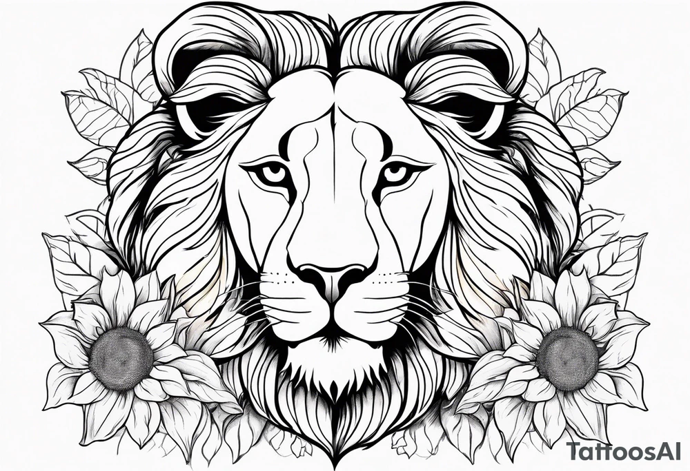 Female lion with half of face covered by sunflowers tattoo idea