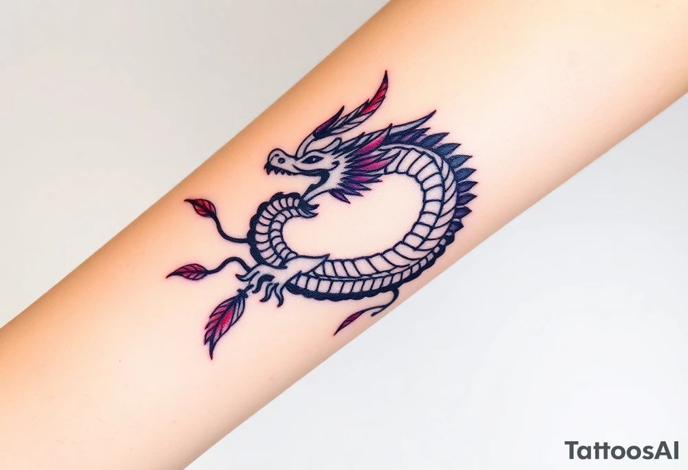 A bracelet wrapped around the arm dragon with purple and red tones, feathers and vines tattoo idea