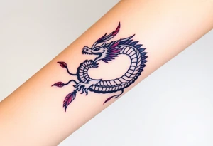 A bracelet wrapped around the arm dragon with purple and red tones, feathers and vines tattoo idea