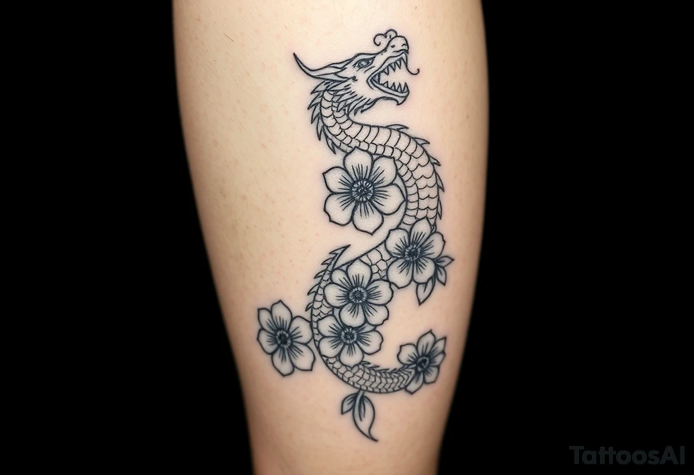 Leg area back of calf dragon going up 4 flowers
 Dragon flipped closer to the third one down tattoo idea