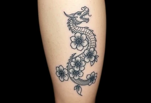 Leg area back of calf dragon going up 4 flowers
 Dragon flipped closer to the third one down tattoo idea
