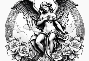 Simple Angel statue stood on a rock with daffodils and roses wrapped around its legs tattoo idea