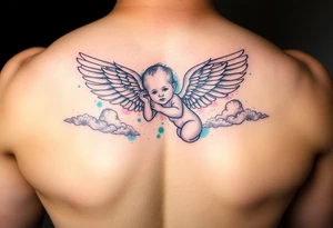 Winged baby, blue and pink watercolor, clouds tattoo idea