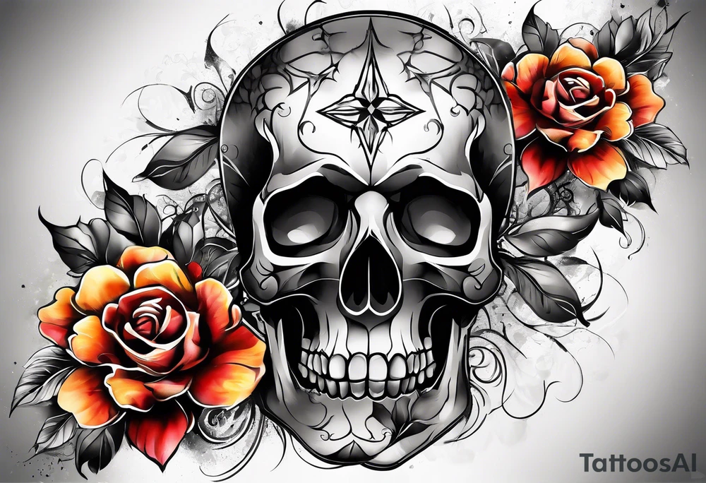 front knee tattoo with flowers & skulls, & water washes, background washes tattoo idea