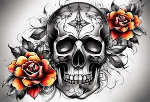 front knee tattoo with flowers & skulls, & water washes, background washes tattoo idea