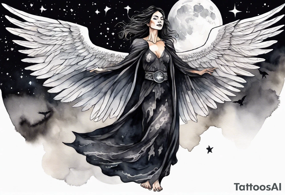 a beautiful 45 year old woman flying in the night sky with black wings, wearing a black and white cloak, bare feet tattoo idea