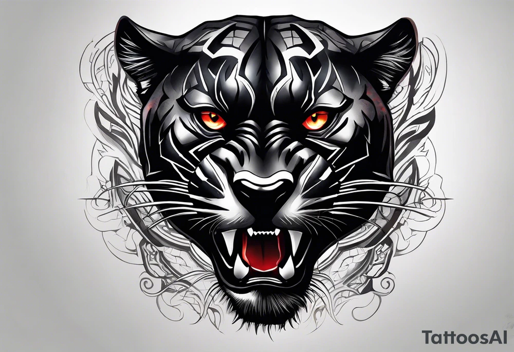 unique black panther tattoo, dynamic pose, showcasing its strength and grace, striking red eyes, intense and captivating elements, artistic flair, blending realism with abstract elements tattoo idea