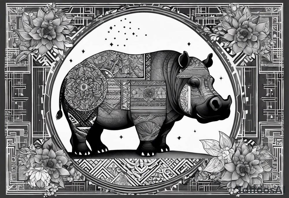 Very asymmetrical, +geometric pattern, with realistic full moon, with hippo at side look, +tribal, +geometric, +inkart , +blackwork, +grey scale, + sketch
with wintersweet flower bud, +inkart touch, +for men tattoo idea