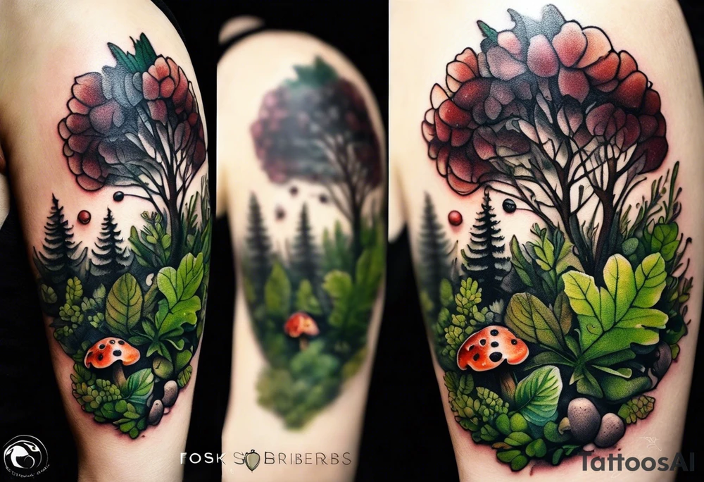 minimalistic forest floor inspired tattoo, which includes grass, moss, curly ferns and dead leaves as the bulk of the tattoo. details to include: forest berries, couple of very small brown mushrooms, a tiny bumblebee flying nearby tattoo idea