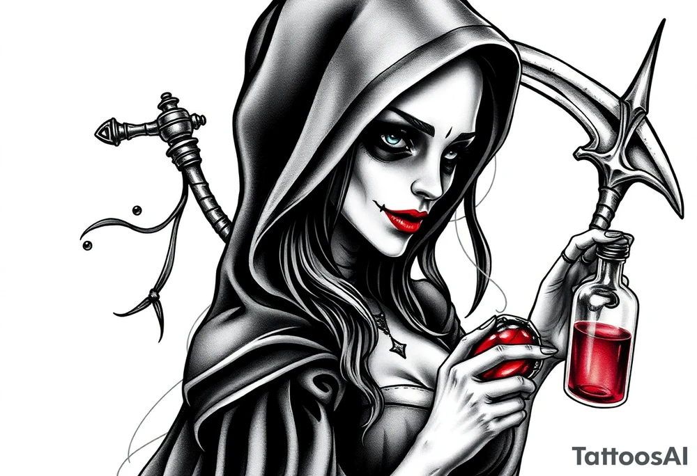 Sexy Female grim. Reaper and her
 death bringer poison bottle tattoo idea