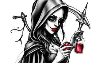 Sexy Female grim. Reaper and her
 death bringer poison bottle tattoo idea