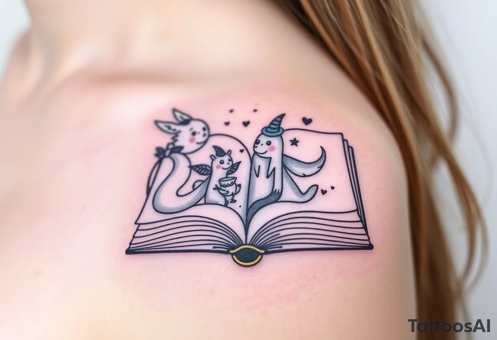 An open book with fantasy creatures tattoo idea