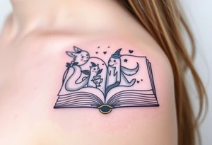An open book with fantasy creatures tattoo idea