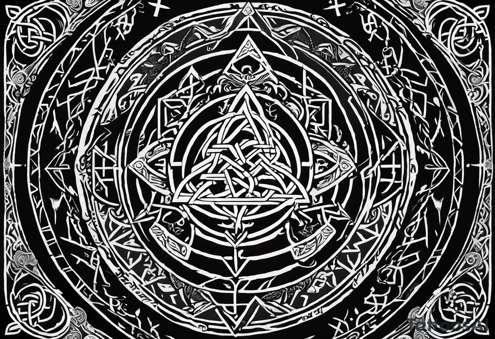 Yggdrasil: In the center of the forearm, representing the connection between the nine worlds.
Vegvisir: Integrated alongside Yggdrasil, symbolizing direction and protection.
Valknut: Placed near Yggdrasil, symbolizing the connection with Odin.
A chain filled of the following runes surrounding the forearm and previous tatto:
Uruz (ᚢ) The Uruz
Raido (ᚱ) The Raido
Gebo (ᚷ) The World
Perthro (ᛈ)
Elhaz (ᛉ) The Great One
Laguz (ᛚ) The Laguz
Odin’s Ravens: Located near Yggdrasil, representing wisdom.
Nine Worlds: Subtly integrated into the design of Yggdrasil. tattoo idea