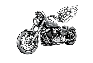 Low rider grey motorcycle, big muffler pipes with flames, angel wings, driving away, no person tattoo idea
