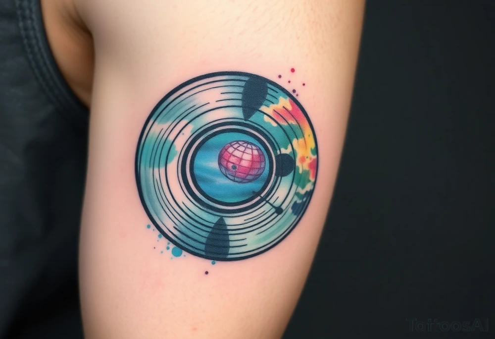 vinyl record with a smaller disco ball to the side of it tattoo idea