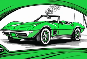 Skeleton smoking a cigarette driving a green 1976 convertible Corvette tattoo idea