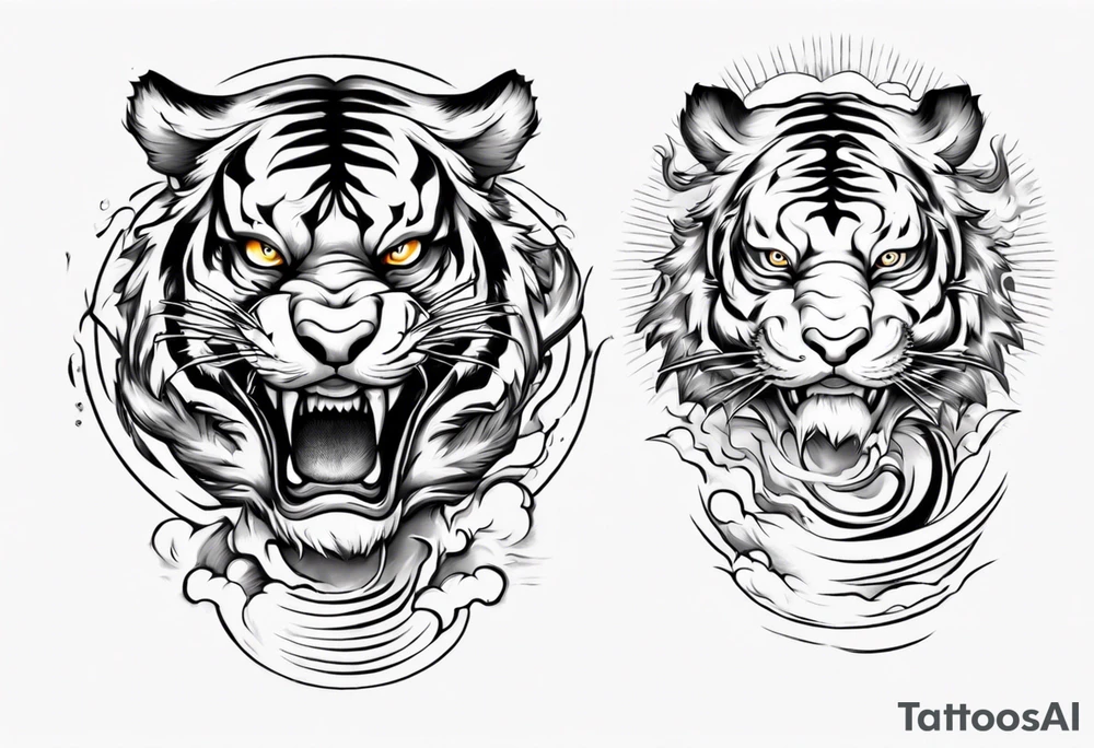 Tiger design with lightning and the sun for a forearm sleeve tattoo idea
