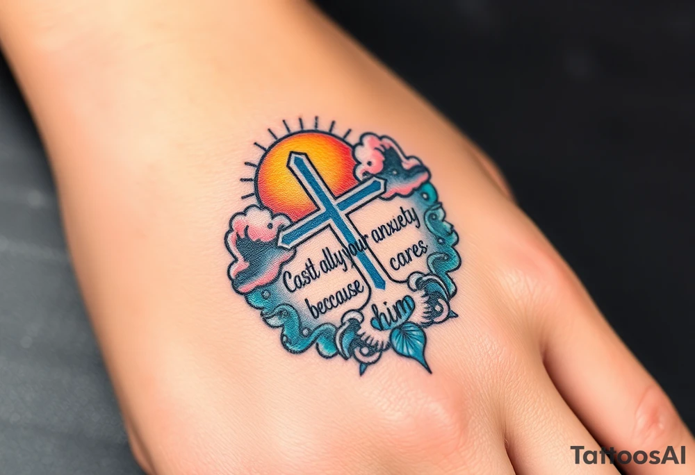 cast all your anxiety on him because he cares for you"  surrounded with clouds and cross tattoo idea