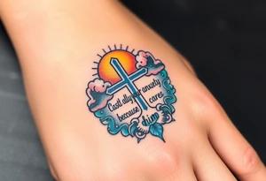 cast all your anxiety on him because he cares for you"  surrounded with clouds and cross tattoo idea