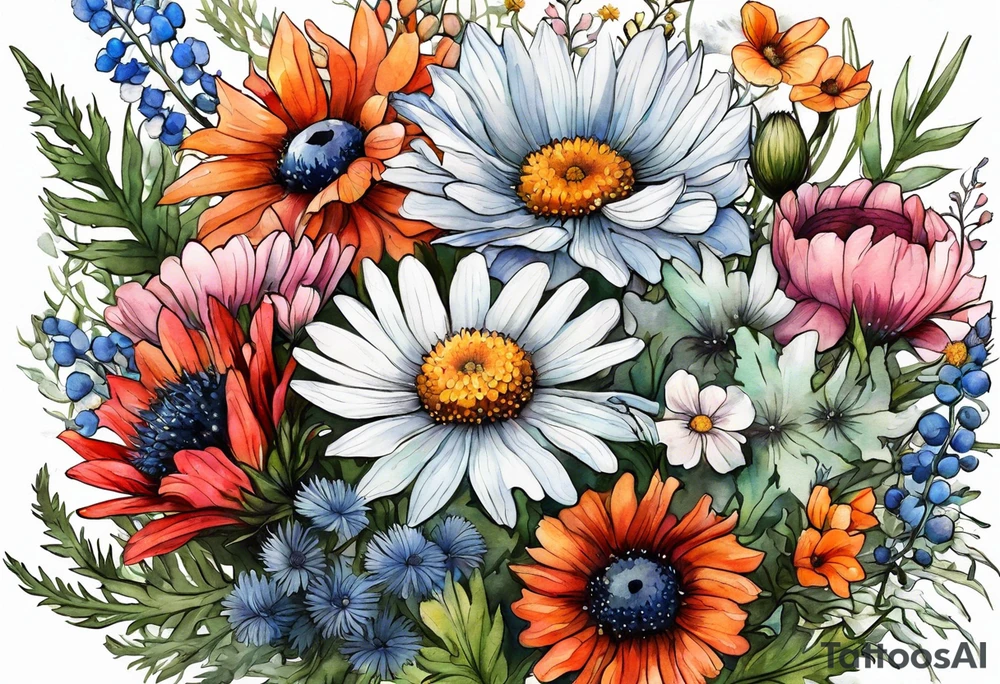 wildflower bouquet with thistles, ferns, white anemones, sun flowers, orange flowers, pink flowers, red flowers, babys breath and daisies all in watercolor tattoo idea