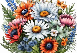 wildflower bouquet with thistles, ferns, white anemones, sun flowers, orange flowers, pink flowers, red flowers, babys breath and daisies all in watercolor tattoo idea