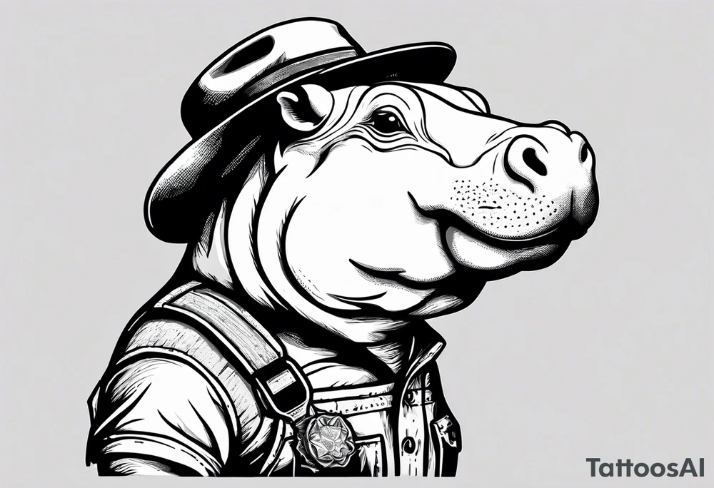 Baby hippo wearing overalls and holding a gun tattoo idea