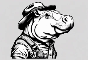 Baby hippo wearing overalls and holding a gun tattoo idea